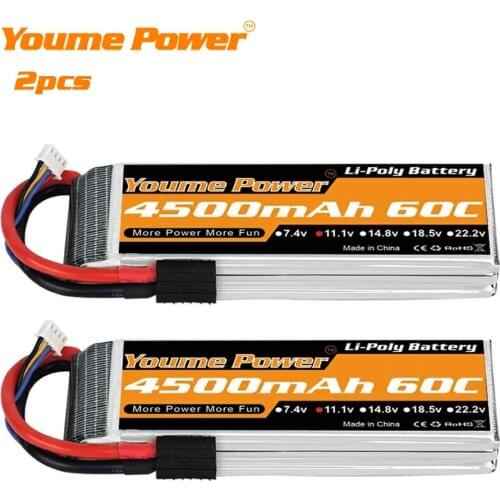 2PCS Youme Lipo Battery 11.1V 4500mah 3S 60C XT60 EC3 T Deans EC5 XT90 For Traxxas Slash 1/10 Car Airplanes Drone Heli RC Parts