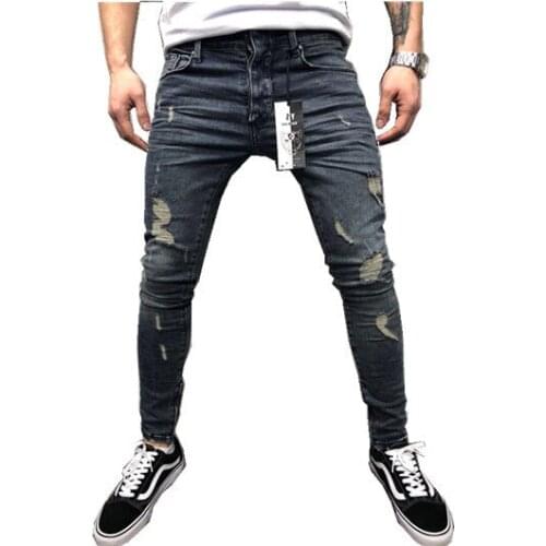 Men casual hole jeans fashion washed distressed Slim jeans men begging denim trousers male pencil pants
