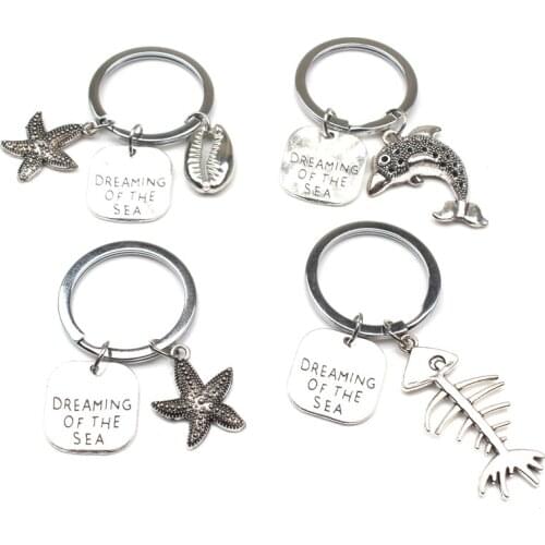 New Retro Sea Dream Starfish Keychain Dark Blue Fish Scale Pendant Keyring for Women Jewelry Handicraft Design Souvenir Gift