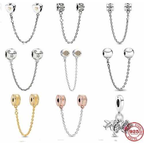 New Safety Chian Cilp Heart Plane Global Pendant Charm Fit S925 Pandora Original Bracelet Charms Beads For Women DIY Jewelry