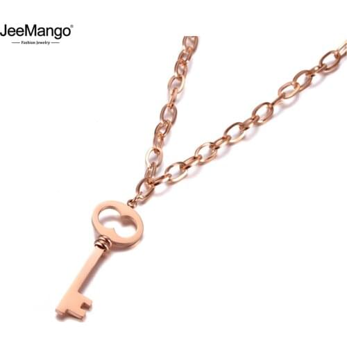 JeeMango Fashion Office Style Titanium Steel Love Key Charm Pendant Jewelry Rose Gold Chain & Link Necklace For Women JN19108