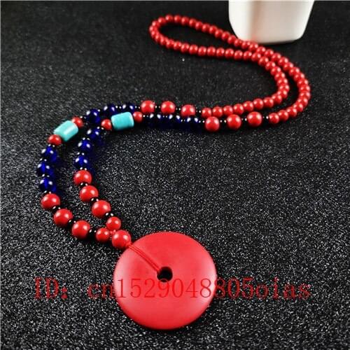 Chinese Natural Red Organic Cinnabar Doughnut Pendant Beads Necklace Fashion Charm Jewellery Lucky Amulet Gifts for Her Women