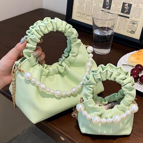 Pleated Mini Totes with Pearl Handle 2021 Fashion New Soft PU Leather Womens Designer Handbag Chain Shoulder Messenger Bag