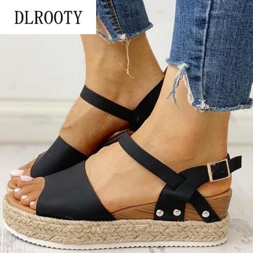 Women Sandals New Summer Fashion Flat Gladiator Wedges Shoes Slides Peep Toe Buckle Strap Solid Lady Casual Plus Size 35-43