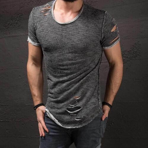 New Stylish Hole Ripped Mens Slim Fit Muscle O-Neck Tee Tops Shirt Casual Short Sleeve T-Shirts Fashion Mens Tops