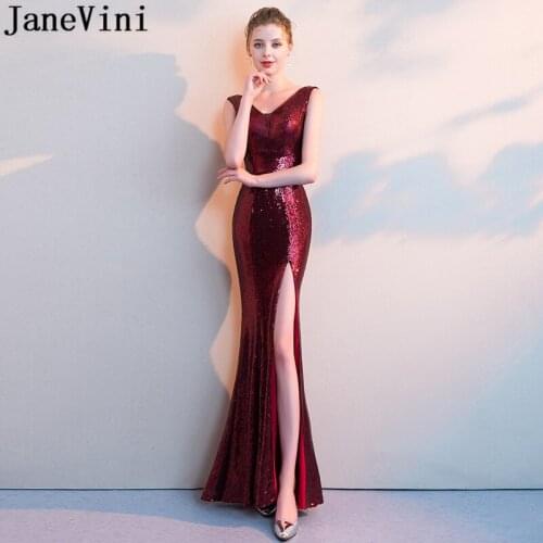 JaneVini Wine Sequin Mermaid Evening Party Dress High Split V-Neck Formal Gown Long Sequined Brides Mother Dresses for Weddings