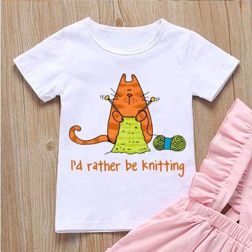 Funny boys t-shirt I'd rather be knitting cartoon cat graphics kids clothes summer t-shirt for girls white short sleeve shirt