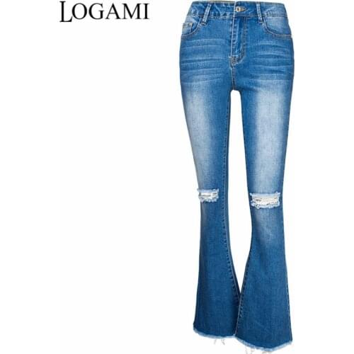 LOGAMI Jeans Woman Stretch Flare Denim Pants Knee Ripped Jeans For Women Spring Autumn