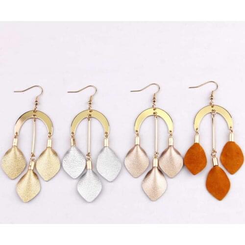 ZWPON 2019 Gold Crescent Mini Leather Leaf Chandelier Earrings for Women Fashion Triple Leaf Drop Earrings Leather Jewelry