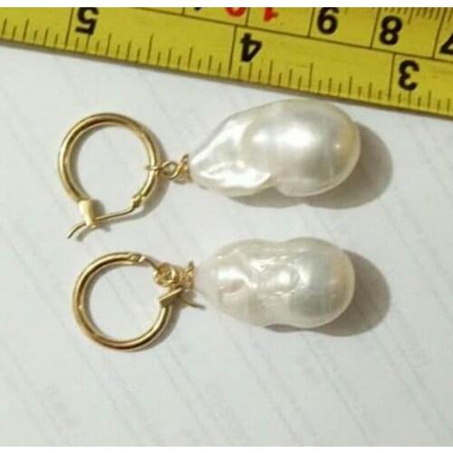 Free shipping REAL HUGE AAA SOUTH SEA WHITE BAROQUE PEARL Earrings plated gold