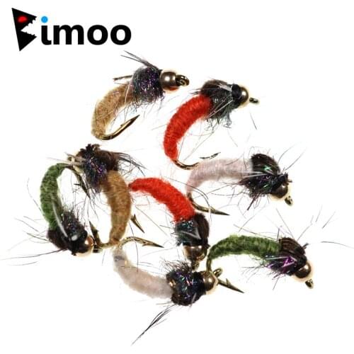 Bimoo 8PCS/Lot #12 Brass Bead Head Caddis Nymph White Red Brown Green Color Trout Fishing Fly