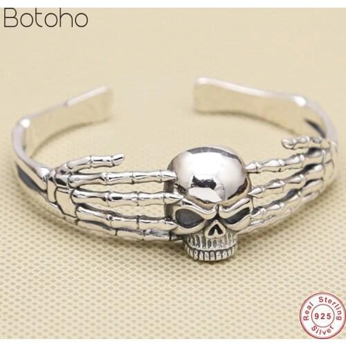 Solid Silver colour 925 Gothic Skull Cuff Bangle Bracelet Men Vintage Punk Style Real 925 Sterling Silver Mens Jewelry
