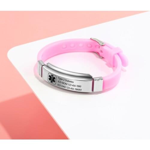 Custom Engraved Stainless Steel & Pink Silicone Bracelet Belt Buckle Adjustable Medical Alert ID Bracelets Bangle for Girl Teens