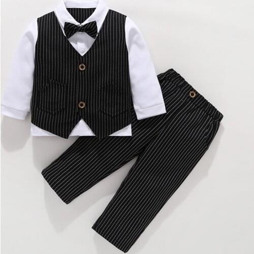 Boys Gentleman Clothing Set Cotton Long Sleeve Bowtie Shirt+Waistcoat+Pants 3Pcs Suit Kids Boy Casual Clothes Set