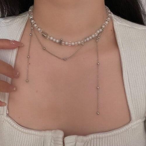 French Vintage Pearl Silver Color Two Layers Round Necklaces Collarbone Geometric Pendant Chain for Women Jewelry Gifts