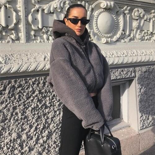 Short Grey Lamb Plush Coat Women Winter 2020 Solid Color Stand Collar Zipper Long-sleeved Thicken Warm Jacket