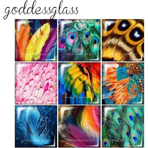 Beauty Feather Peacock feathers 10pcs 12mm/20mm/25mm/30mm Square photo glass cabochon demo flat back Making findings FB0147