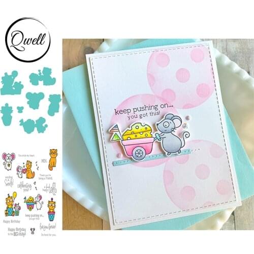 QWELL Cute Mice Cats Metal Cutting Dies With Clear Stamps Cheese Balloon Gift Box DIY Scrapbooking Crafts Paper Cards 2020 New