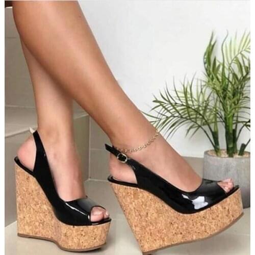 Moraima Snc Newest Peep Toe Platform Sandal Summer Sexy Slingback Wedge Shoes Woman Black patent Leather Buckle Strap Sandal