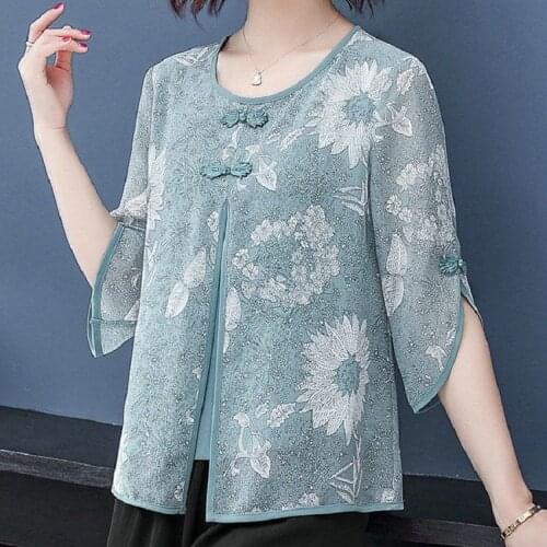 MOYISU New Plus Size Women Blouse Spring Summer Temperament Chiffon Shirts Female Casual Half Sleeve O-Neck Purple Tops