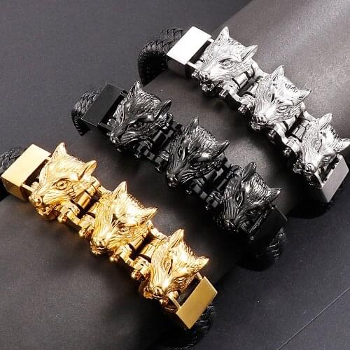 Hiphop Wolf Heads Mens Bracelets Braided Cowhide Leather Bracelet For Men Stainless Steel Motorcycle Chain Jewelry Dropshipping