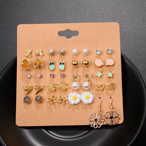 12/20 PRS/SET Women Stud Earrings Sets Crystals Heart Animals Mixed Fashion Stud Earrings for Girls Female Earrings Jewelry