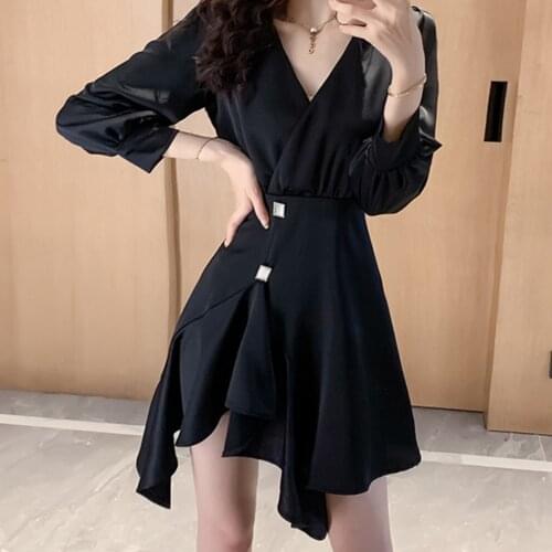 BacklakeGirls Satin Sexy V Neck Long Sleeve Party Night Club Wrap Mini Dresses Ruffles Skirt Elegant Cocktail Dress Vestidos