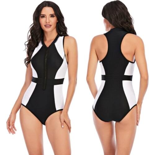Sexy One Piece Swimsuit Plus Size Swimwear Women Bathing Suits Black White Patchwork Beachwear Sleeveless Swim Wear XXL 2021