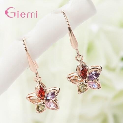 Super Nice Genuine 925 Sterling Silver Dangle Earrings With Colorful Crystal Lovely Rose Gold Color Drop Earrings For Young Lady