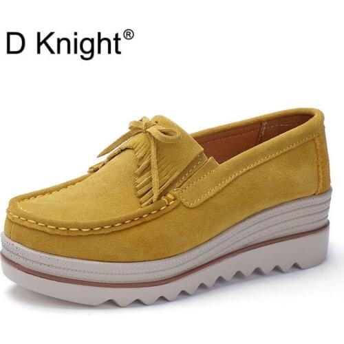 Fashion Bowtie Tassel Women Wedge Shoes Platform Sneakers Slip On Cow Suede Leather Ladies Pumps Loafers Moccasins Casual Shoes