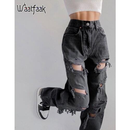 Waatfaak Hollow Out Ripped Jeans For Women High Waist Streetwear Cargo Black Baggy Jeans Y2K Grunge Hippie Trousers Denime Egirl