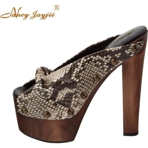 Woman Slippers Female Shoes Animal Prints Snakelike Platform Super High Square heel Outside Novelty Fashion Casual Mature 2019