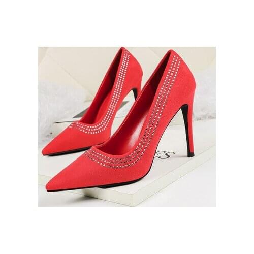 New Arrival Sexy Women Pumps Flock Pointed Toe Wedding Shoes Woman Stilettos Crystal Shallow High Heels 10CM Evening Party Shoes