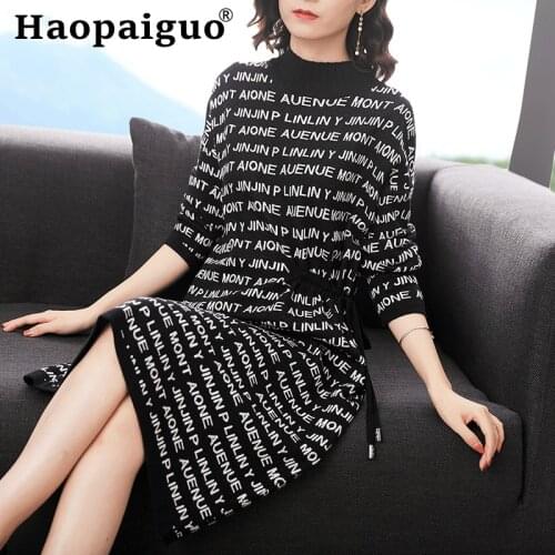 Korean Style Knitted Letter Black Midi Dress Women Long Sleeve Loose Cotton Dress Women Corse Streetwear Autumn Dress Women Robe