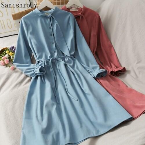 Sanishroly Women Button Long Sleeve Mori Dress Tie Bow With Belt Long Dresses Students High Waist Autumn Dress Vestidos CD094