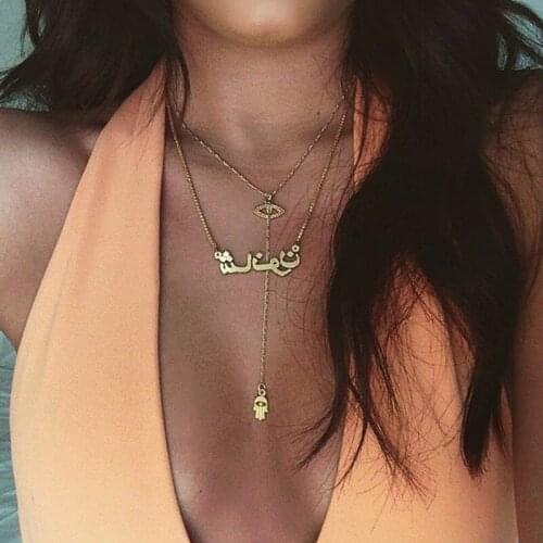 2 Pcs/Set Retro Women Necklaces Set Eye Letter Palm Pendant Clavicle Chain Multilayer Gold Necklace Summer Beach Jewelry