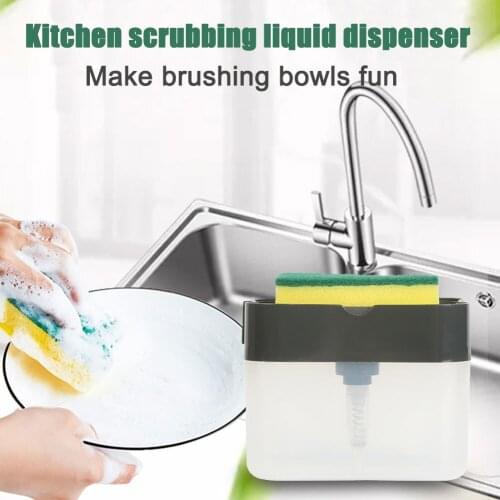 2 in 1 Scrubbing Liquid Detergent Dispenser Press-type Liquid Soap Box Pump Organizer with Sponge Kitchen Tool Clean Supplies