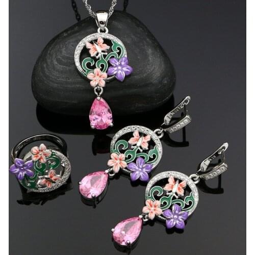 925 Silver Bridal Jewelry Set For Women Wedding Colorful Enamel Pink Cubic Zirconia Drop Earrings Ring Pendant Necklace