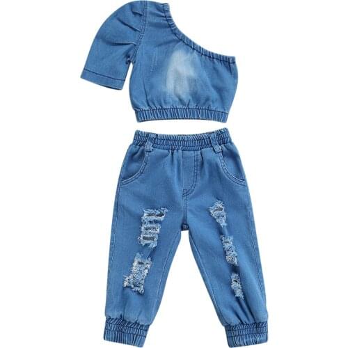 2021 Kids Baby Girl’s Denim T-shirt and Trousers Suit Fashion Solid Color One-shoulder Tops and Ripped Long Pants 1-6T
