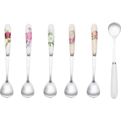 15*2.6cm Rose Flowers Ceramics Coffee Spoon For Kitchen & Dining Stainless Steel Ice Cream Dessert Scoop Tea Spoon