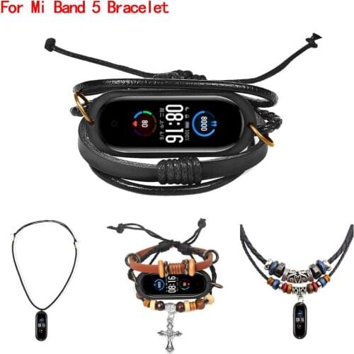 DIY Leather+Braided Rope Bracelet For Xiaomi Mi Band 5 Wrist Strap Watch Bands Necklace Rope For Mi Band 5 Accessories