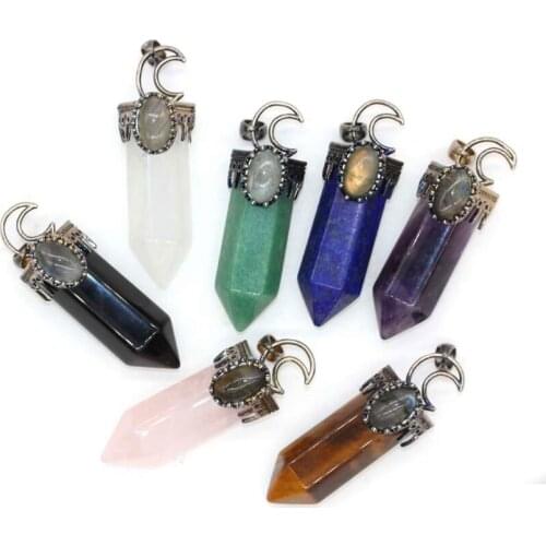 Trendy-beads Vintage Style Silver Plated Crescent Moon Hexagon Prism Amethysts Pendant Oval Labradorite Stone Jewelry