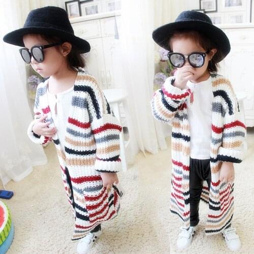 2021 New Toddler Girls Long Sweater Cardigans Baby Girl Cardigan Outerwear Fashion Childrens Striped Sweater Kids Knitwear Coat