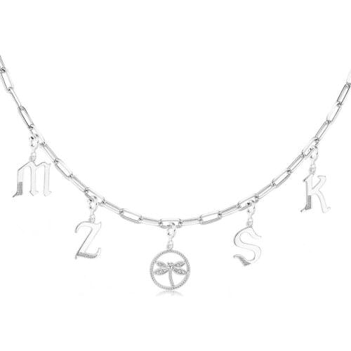 Valori Jewels Letter And Dragonfly, Zirconia White Gemstone, Rhodium Plated, Sterling Silver Charm Necklace