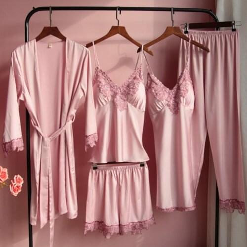 Pajamas Sets Satin Lace Women With Chest Pads Nighty Robe Gown Sleep Suit Sexy Summer Bride Wedding Sleepwear Home Wear Pyjamas