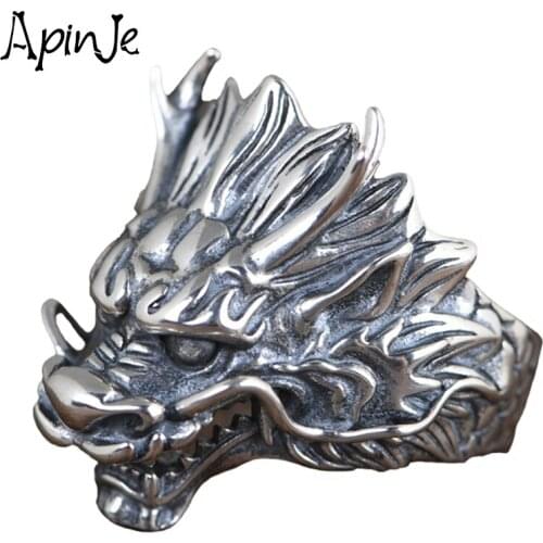 Apinje Thai Silver Animal Ring 925 Sterling Silver Dragon Open Ring for Men Fashion Jewelry