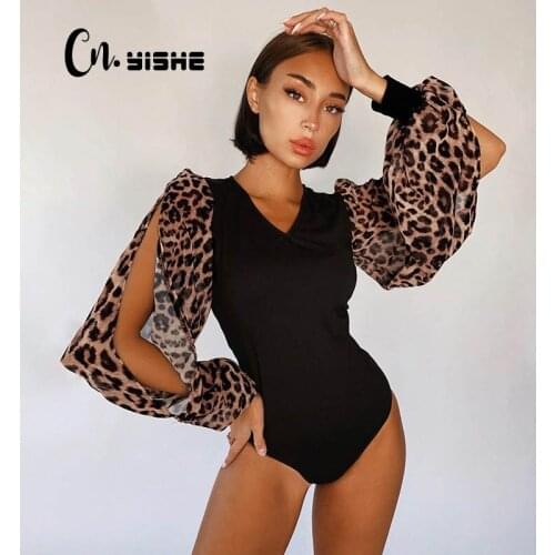 CNYISHE Sexy Leopard V Neck Bodysuits Women Rompers Lantern Sleeve Summer Overalls Bodycon Skinny Jumpsuits One Piece Bodies Top