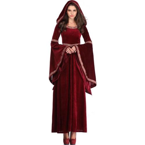 2019 Halloween Scary Wine Red Witch Vampire Costume Medieval Victorian Masquerade Court Fancy Long Dress For Women Girl M XL