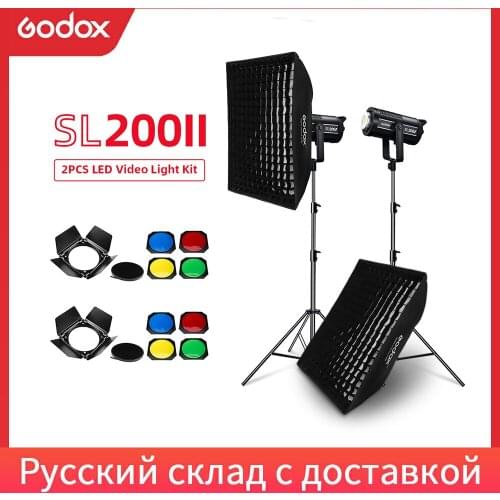 Godox SL-200W SL200II 2x 200W Studio LED Continuous Photo Video Light With Softbox, Light Stand,Barn Door for Photography Video