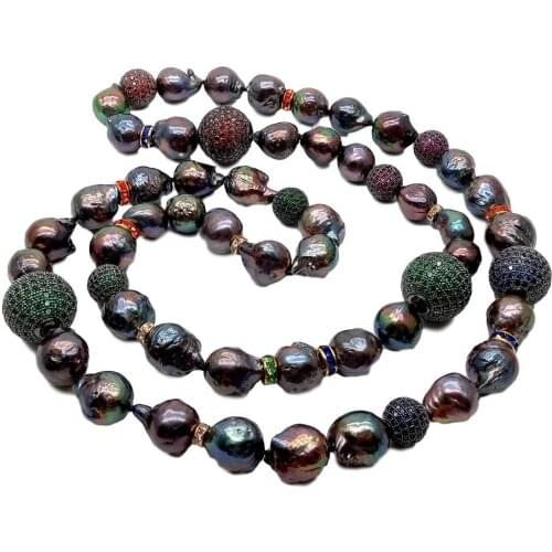 YYGEM Natural Freshwater Cultured Black Keshi Pearl Multi Color Cubic Zirconia Pave Bead Long Necklace 36"